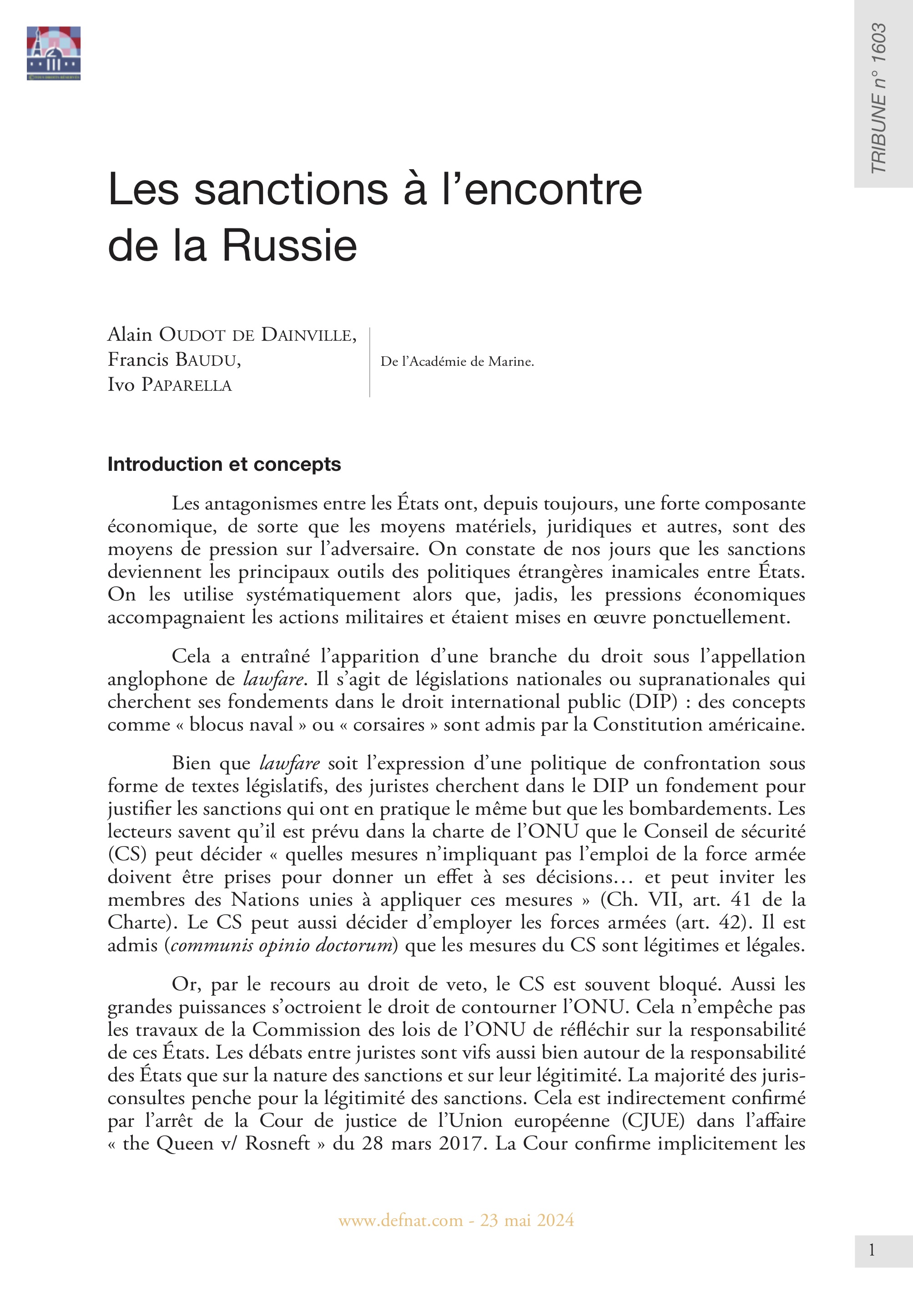 Étude – Les sanctions à l’encontre de la Russie (T 1603)
